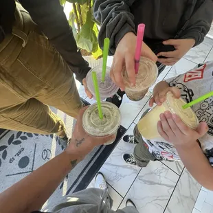 Mango smoothie, taro drink, milk coffee, match