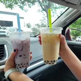 Taro and jasmine. Too much ice in the taro and a bit too sweet. Absolutely delicious jasmine milk tea.