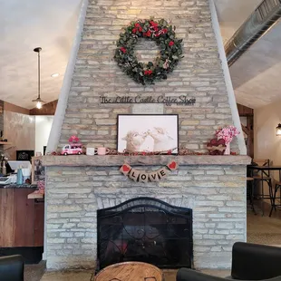 a stone fireplace
