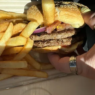 Double Burger with Bacon, Red Onions &amp; Fries