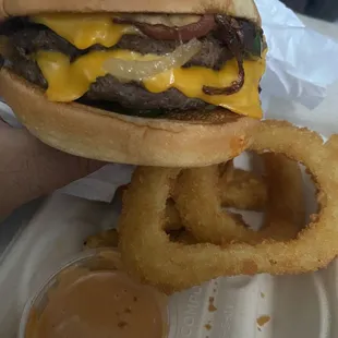 Double bacon cheeseburger. Onion rings.