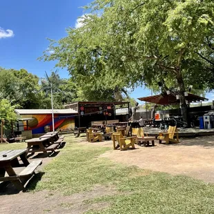  a picnic area with tables and benches