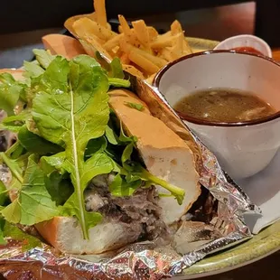 Up close French dip with fries
