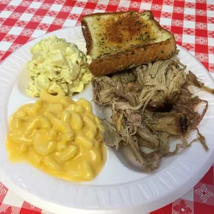 Pulled Pork Plate with Potato Salad, Mac &amp; Cheese, and Texas Toast