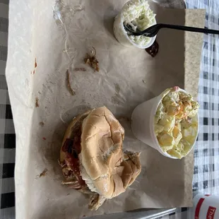 Pulled pork sandwich, Cole slaw and potato salad.