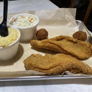 Catfish  Cheese Grits Coke Slaw Hushpuppies