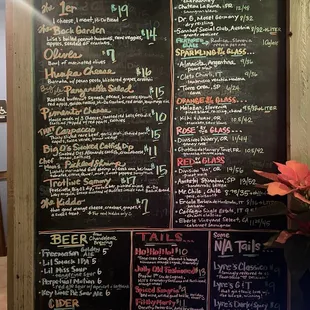 Nibbles, wines by the glass, seasonal drinks, beers AND non alcoholic cocktails.