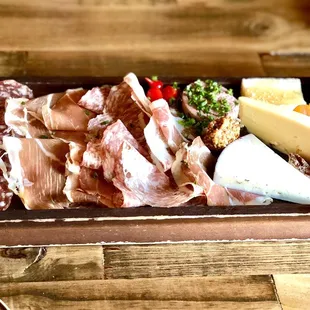 Chef&apos;s Choice Board. 5 cheeses &amp; 5 meats + baguette slices, fig jam, pickled cauliflower, sweety drop peppers, mustard, candied pecans
