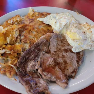 Hungry Prospector with hash browns and over easy eggs