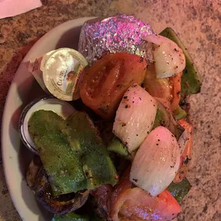 Deconstructed Kabob - a big juicy steak is hidden by the mound of extras!