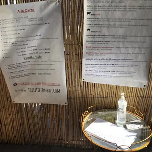 Menu. Carry out or eat on the patio.