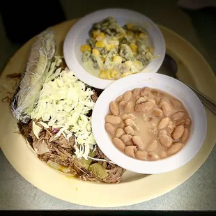 Barbacoa plate w pinto beans &amp; elote with chopped poblanos $17 (10/2023)