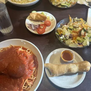 Fettucine Alfredo, salad &amp; Spaghetti and Meatballs, salad and their breadsticks