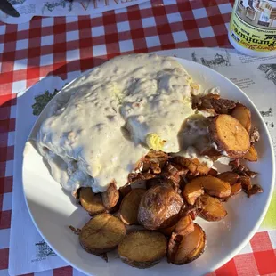 Eggs Benedict substitute with sausage gravy. Red skin potatoes