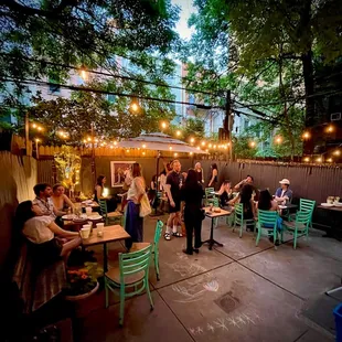 a group of people eating outside