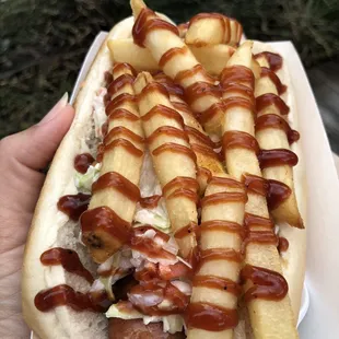 a hot dog with french fries and ketchup