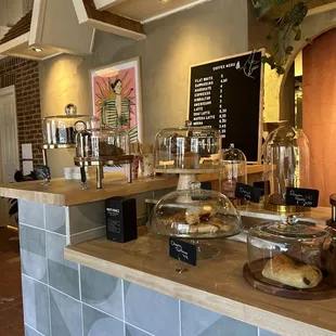 Pastry case and coffee menu