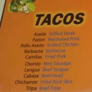 a menu for tacos