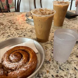 Praline escargot, iced lavender latte