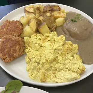 The Littlest Big Brunch: tofu scramble, biscuits and gravy, soy sausage, and potatoes