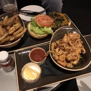 Calamari ($15) and IPO Burger ($17?). Both prettier decent