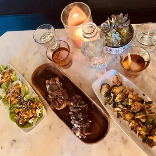 L to R: Thai Chicken Lettuce Cups (6/10), Chop Bruschetta on GF bread (6/10), Crispy Brussels Sprouts &amp; Cauliflower (10/10)