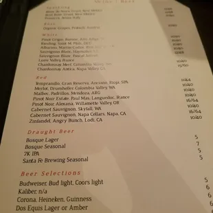 Wine and beer menu