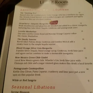 Signature cocktail menu