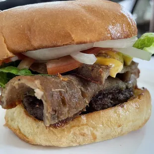 Cheeseburger with gyro meat added..YUM