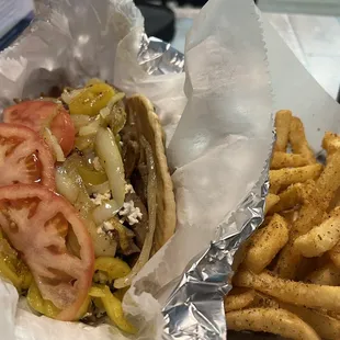 Deep fried pita, with grilled peppers and onions. The heart attack gyro.