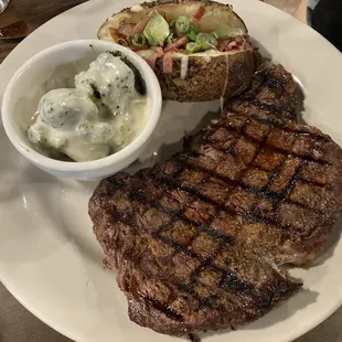 14 oz ribeye, loaded baked potato, cheesy broccoli