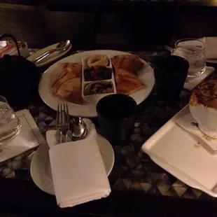 Sakura tea, Mediterranean Mezze, and French onion soup