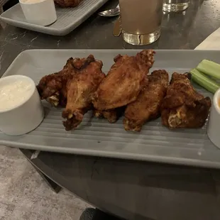 Wings requested crispy with mustard sauce on the side.