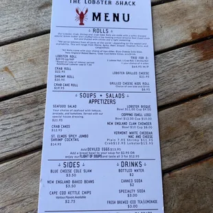 the menu for the lobster shack