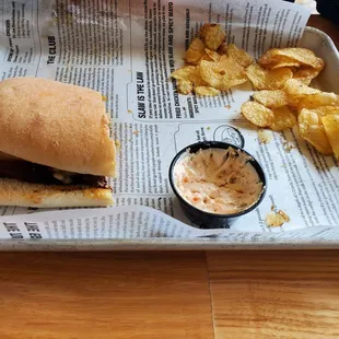 Brisket sandwich and house made chips with dipping sauce, YUMMY
