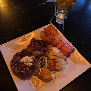 Steak with add on lobster tail &amp; scallops. The steak was great but the seafood was outstanding!!!