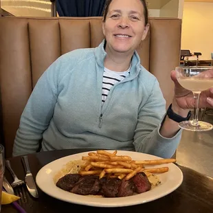 Steak was cooked perfectly, incredible fries and refreshing cocktail.