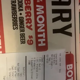 A copy of my bill showing I was charged $10 for the Strawberry Mule and the menu showing the price at $9.
