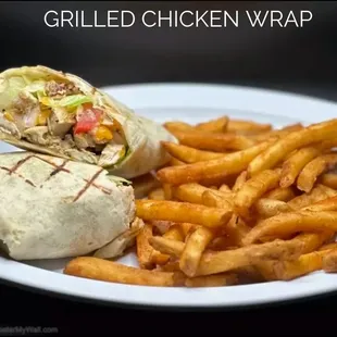 a chicken wrap and french fries