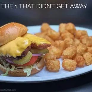 a hamburger and tater tots on a plate