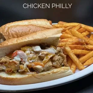 a chicken phily sandwich and french fries