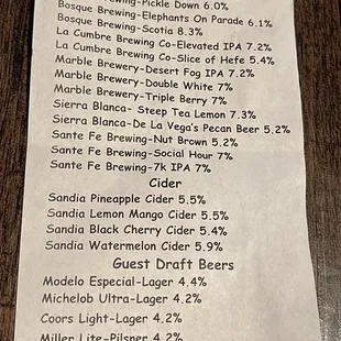 Drinks list 8/6/22