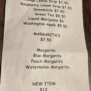 Drinks list 8/6/22