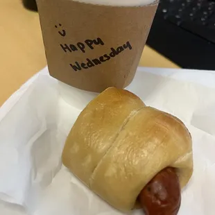 happy wednesday + half eaten bagel dog.