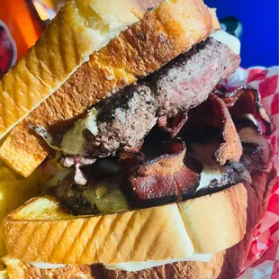 The Wilson Hill Sandwich!  2 - 1/3rd lb patties with beautiful well done bacon, all between two grilled cheese sandwiches.