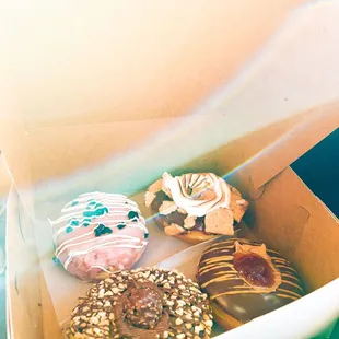 Cranberry donut with white chocolate stripes and orange filled, s'mores donut, Nutella donut, and pb&amp;j donut.