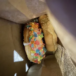 Fruity pebbles and pistachio mochi donut