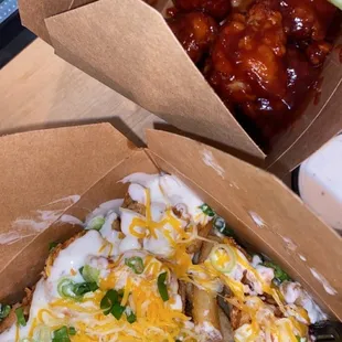 Chicken bacon ranch (no bacon) fries and bbq boneless wings
