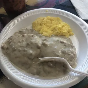 Scrambled eggs and Small Biscuit and Gravy