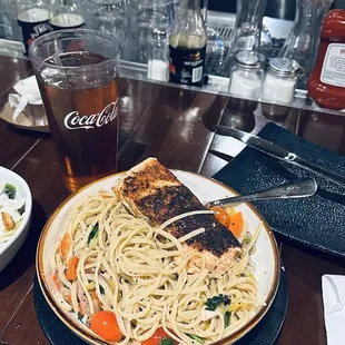 Linguine with a side of salmon